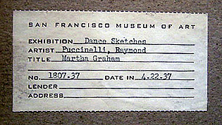 Leihvermerk für die Ausstellung ‚Dance Sketches‘ des San Francisco Museum of Art 1937