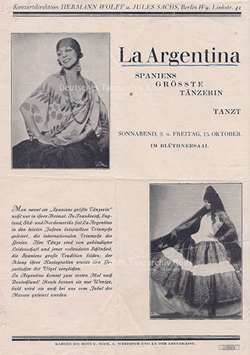 La Argentina (Antonia Mercé, 1890-1936). Werbezettel der Berliner Konzertdirektion Wolff & Sachs 1926.