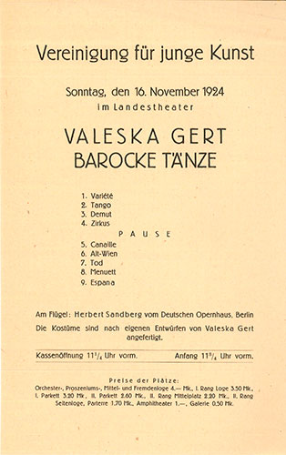 Valeska Gert. Programmzettel für ihren Tanzabend am 16. November 1924 im Landestheater Oldenburg, veranstaltet von der Vereinigung für junge Kunst.