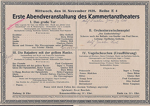 Erste Abendveranstaltung des Kammertanztheaters Hagen am 14.11.1928.