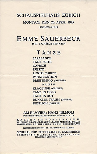 Emmy Sauerbeck, Programmzettel einer Tanzveranstaltung im Schauspielhaus Zürich 1925
