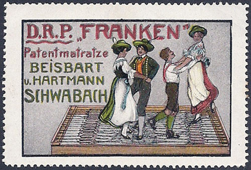 Tanz in der Werbung: Reklamemarken mit Tanzmotiven. Auf der "Franken"-Patentmatratze von Beisbart u. Hartmann in Schwabach kann man tanzen.